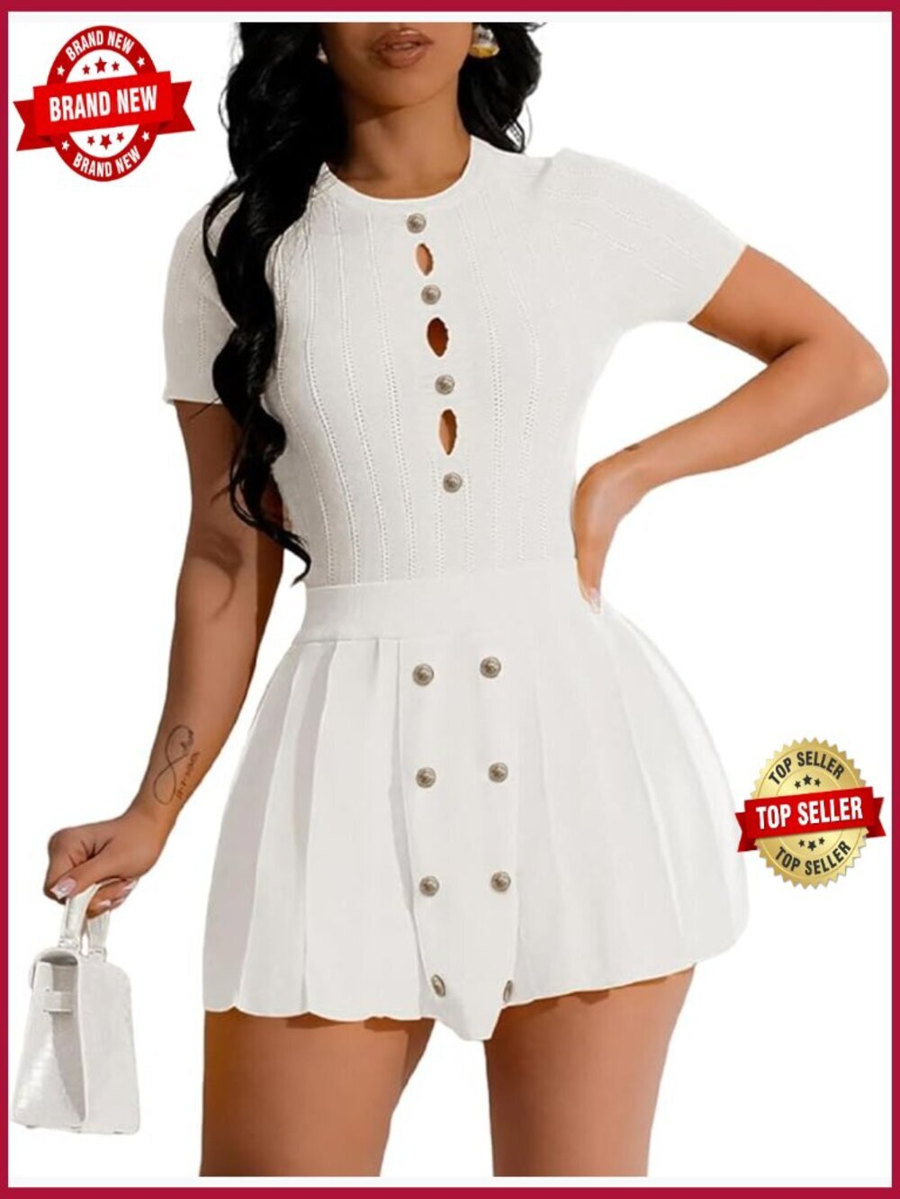 Knit 2 Piece Crop Top Pleated Mini Skirt Set Party Club Outfit Short Sleeve
